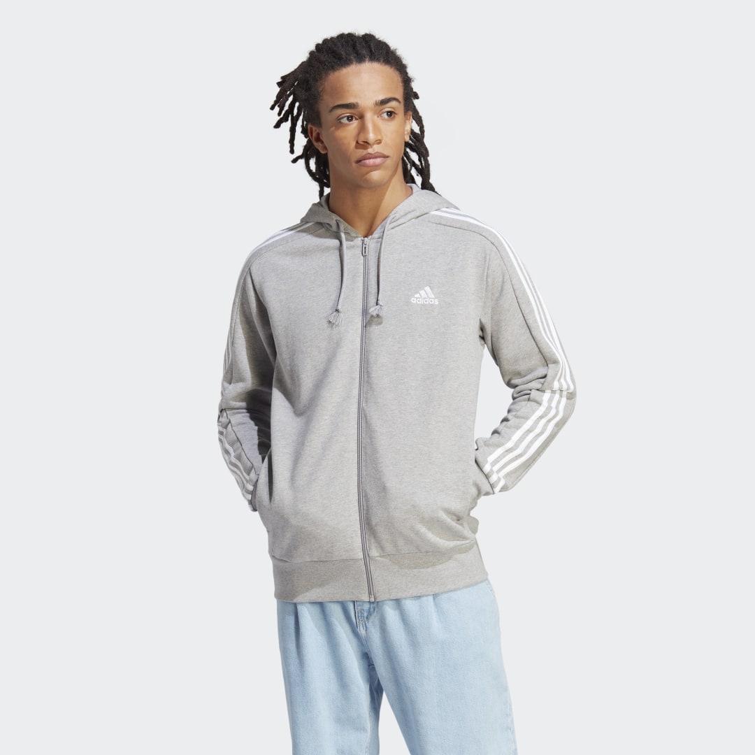 Mikina adidas Performance Essentials French Terry 3-Stripes Full-Zip Hoodie Šedá | IC9833, 1