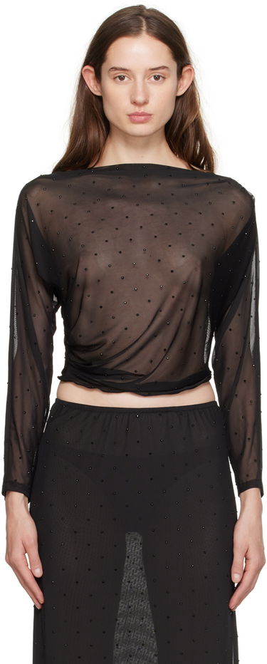 Crop Top Anna Sui Anna Sui Rhinestone Mesh Long Sleeve Top Čierna | 1024F22, 0