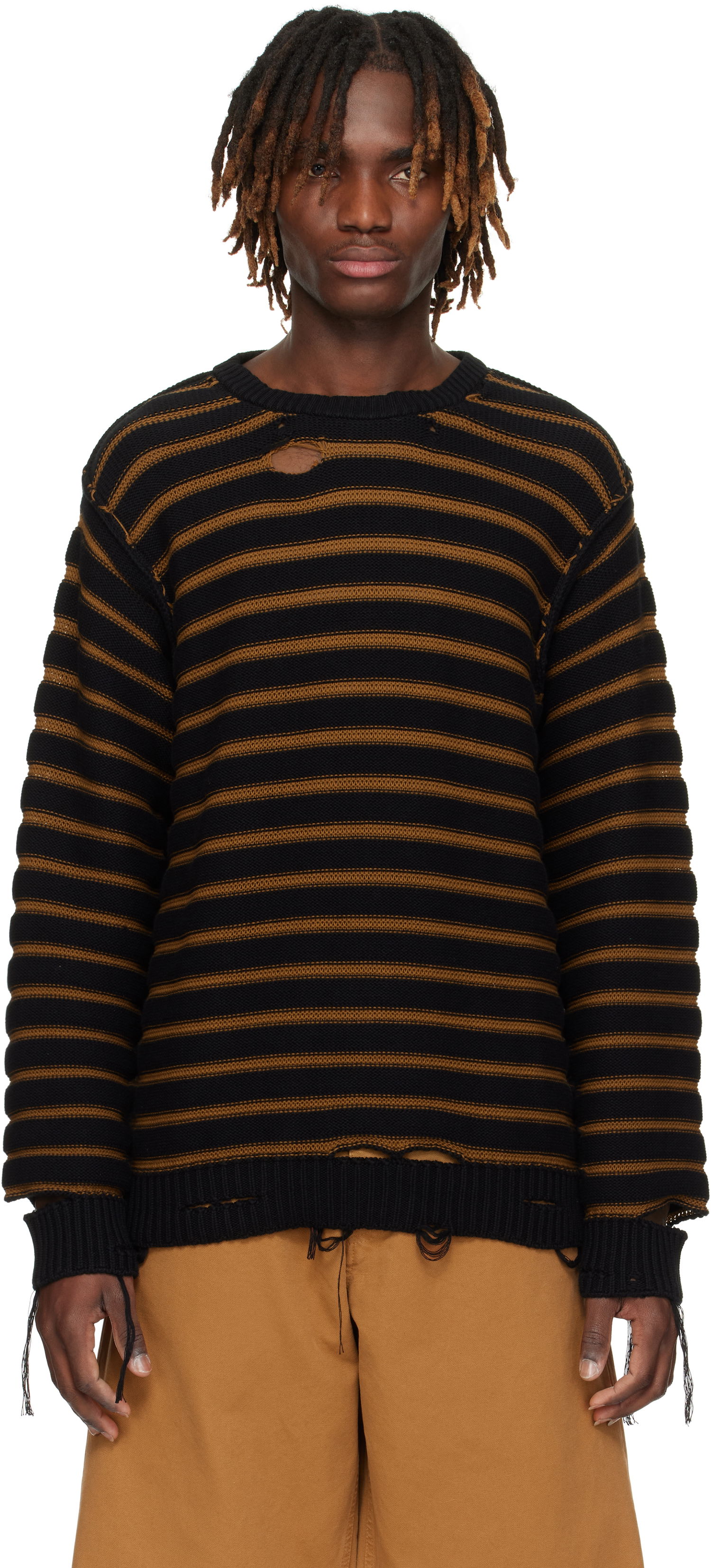 Sveter Maison Margiela MM6 Maison Margiela Striped Distressed Cotton Knit Sweater Čierna | SH0HL0022 M13080, 0