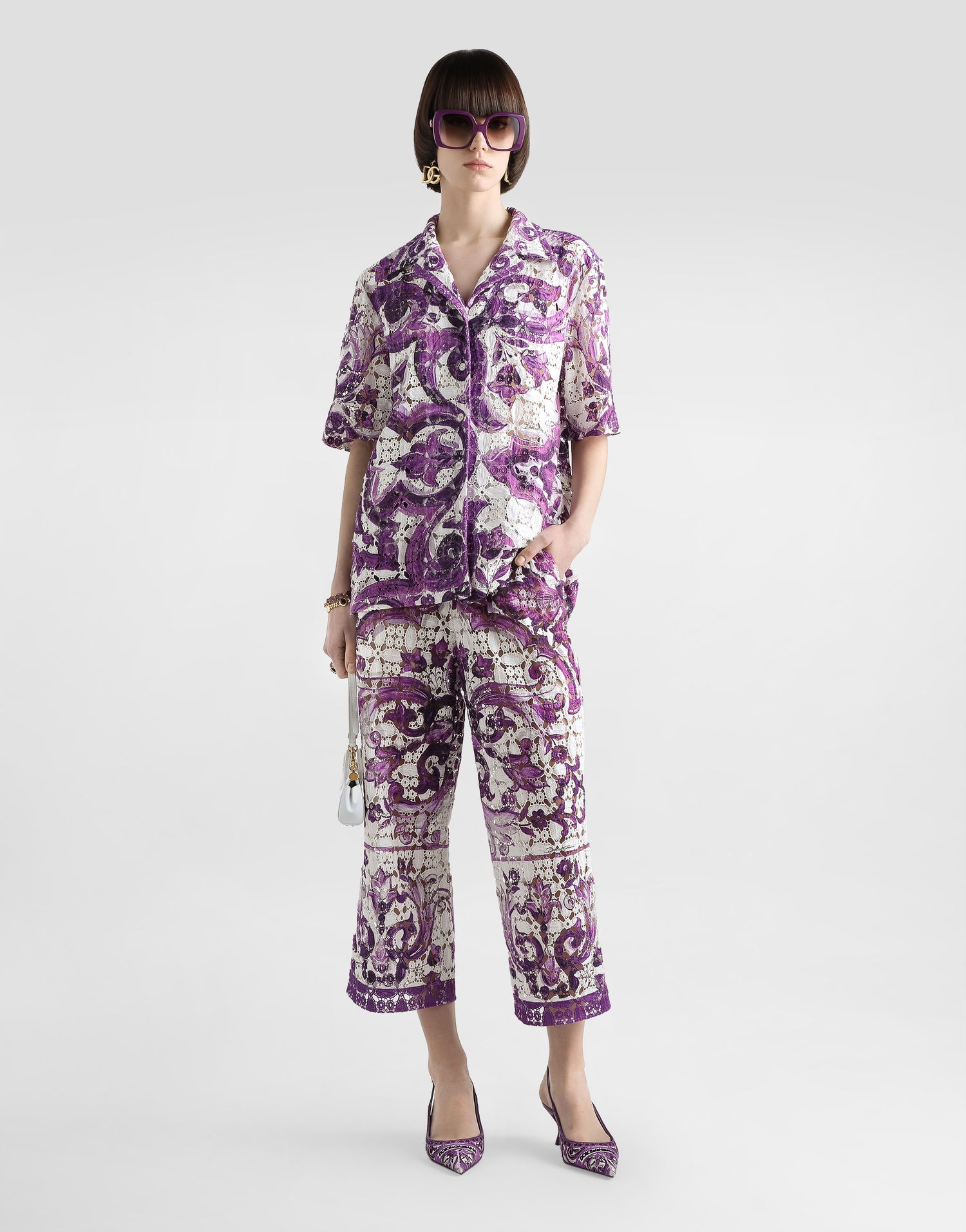 Nohavice Dolce & Gabbana Dolce & Gabbana Majolica-Print Crochet Lace Trousers Fialová | FTDBTTHH5EUIP3TN, 1