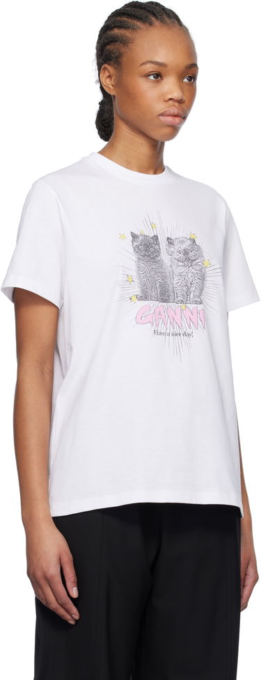 Tričko GANNI Kittens Relaxed T-Shirt With Print Biela | T4060-151, 2