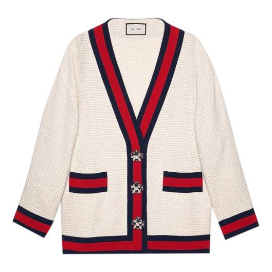 Sveter Gucci Gucci Webbing Loose Fit Cardigan With Jeweled Buttons Biela | 469657-ZID86-9401, 0