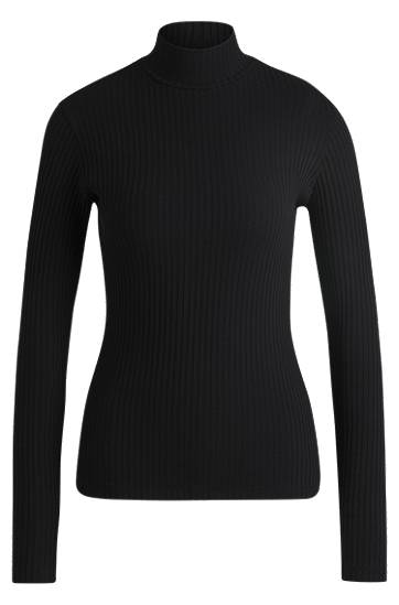 Sveter BOSS Slim-Fit Ribbed Mock Neck Top Čierna | 50521325