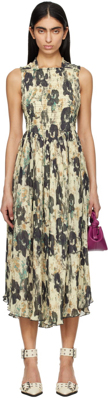 Šaty GANNI GANNI Printed Smocked Pleated Midi Dress Béžová | W0209, 0