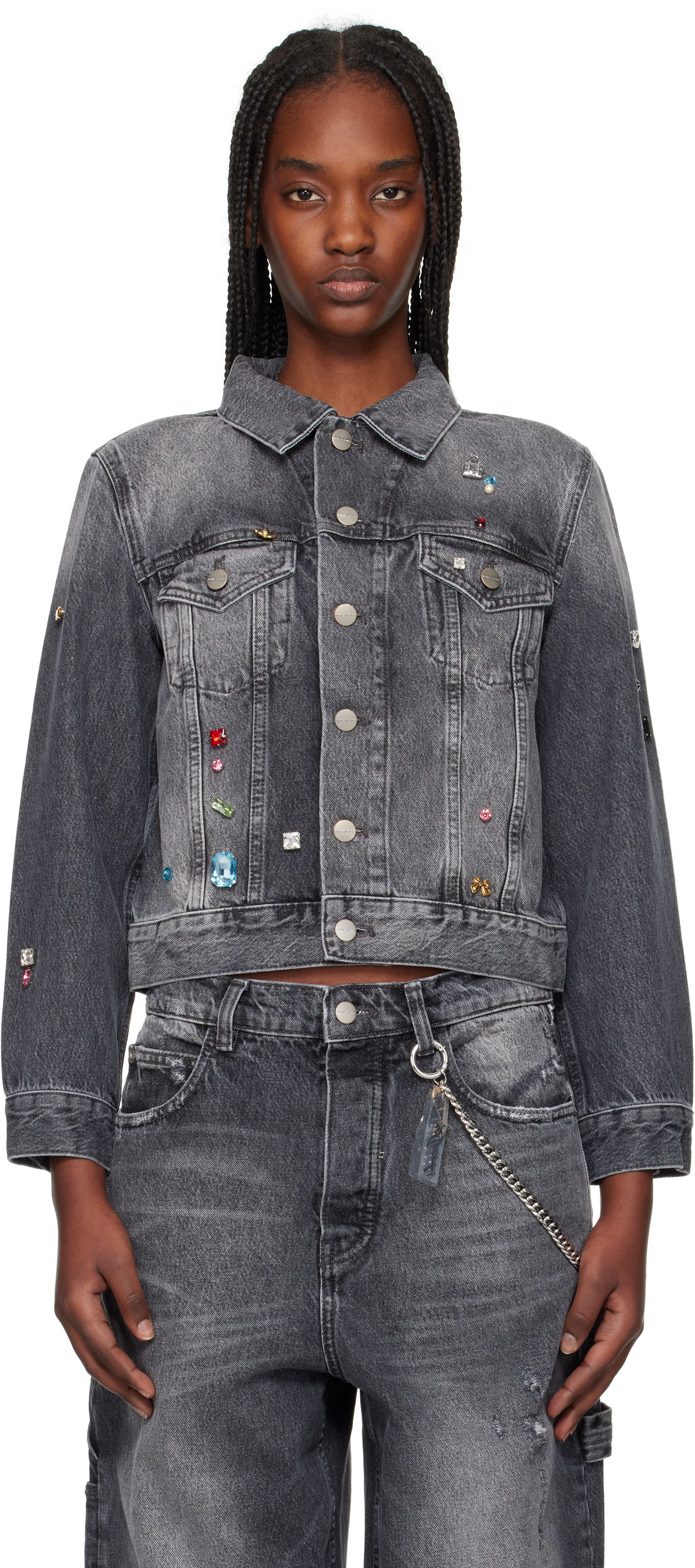 Bunda Marc Jacobs Marc Jacobs Fray Charm Shrunken Trucker Denim Jacket with Rhinestones Šedá | 2S5RJC015D02, 0