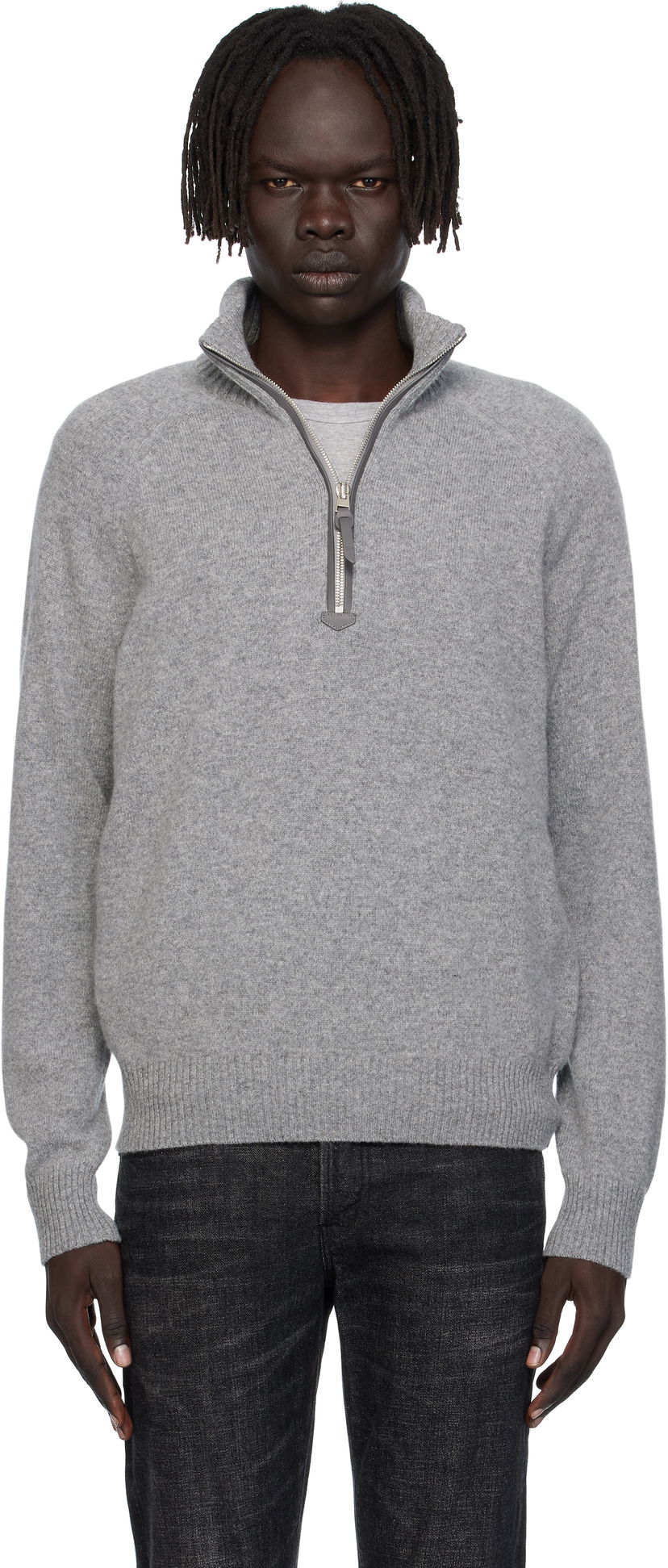 Sveter Tom Ford TOM FORD Lambswool & Cashmere Half-Zip Sweater Šedá | KFL004-YMW106