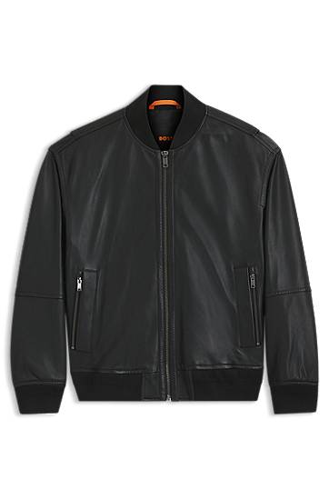 Bomber bunda BOSS Regular-Fit Textured Leather Bomber Jacket Čierna | 50547545