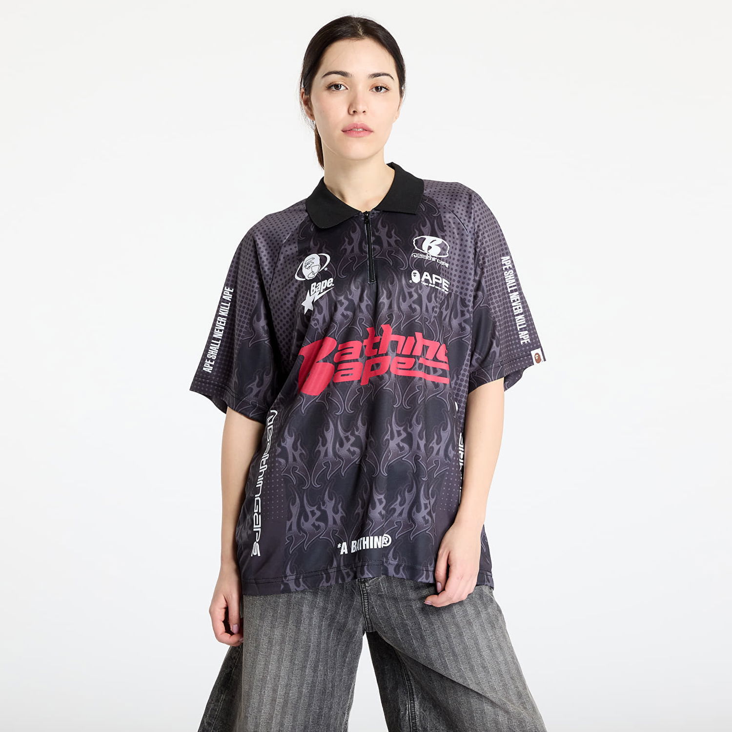 Polo tričko BAPE A BATHING APE Flame Pattern Overall Print Half Zip Relax Fit Polo Shirt Čierna | 001POL301304MBLK, 0