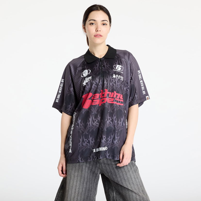 Polo tričko BAPE A BATHING APE Flame Pattern Overall Print Half Zip Relax Fit Polo Shirt Čierna | 001POL301304MBLK