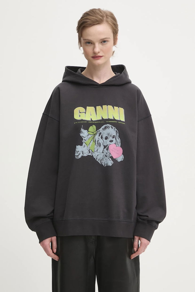 Mikina GANNI Isoli Oversized Hooded Sweatshirt with Dog Print Šedá | T4360