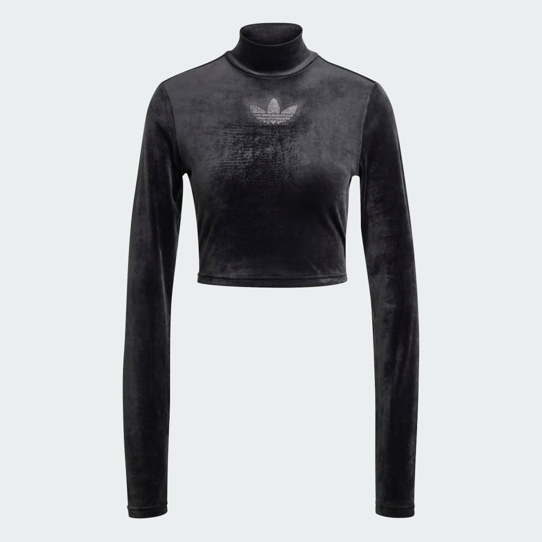 Long Sleeve Rhinestone Trefoil Velvet Crop Top