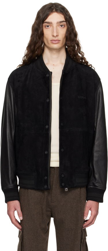 Bomber bunda BOSS Hugo Embossed-Logo Suede & Leather Bomber Jacket Čierna | 50541881, 0