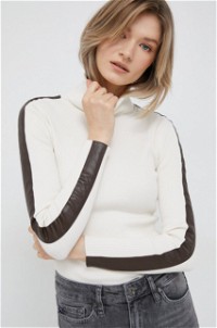 Faux Leather Trim Stretch Ribbed Knit Turtleneck Long Sleeve Sweater