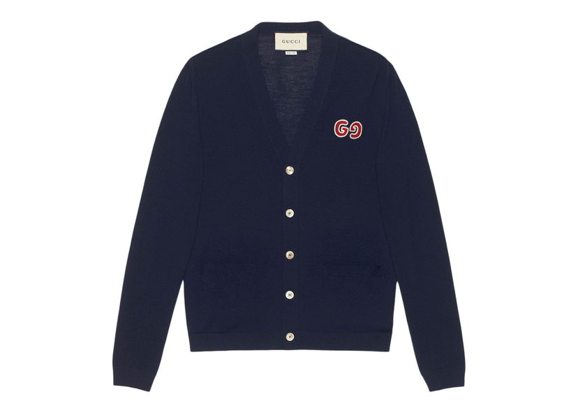 Sveter Gucci GG Logo Patch Cardigan Dark Blue Navy | 576815 XKA0W 4440