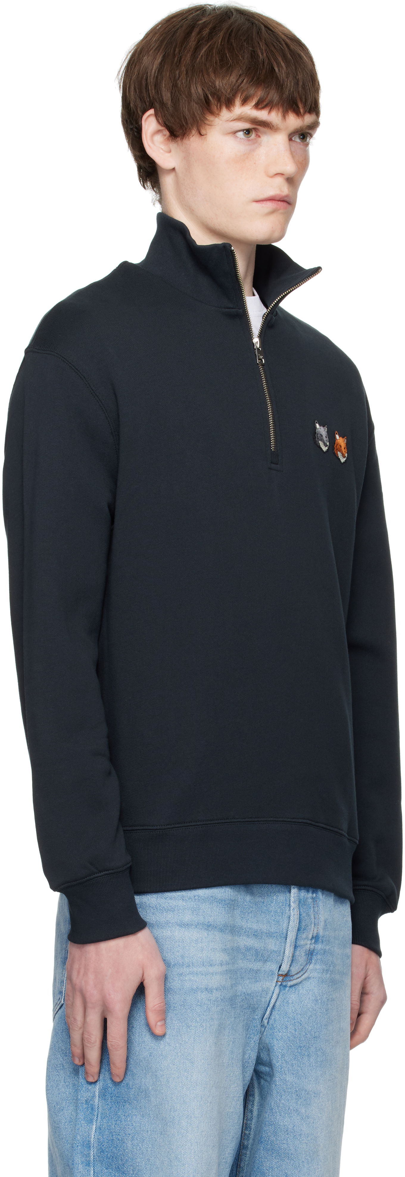Mikina MAISON KITSUNÉ Maison Kitsuné Double Fox Head Half-Zip Sweatshirt Čierna | OM211CFKM0321, 1