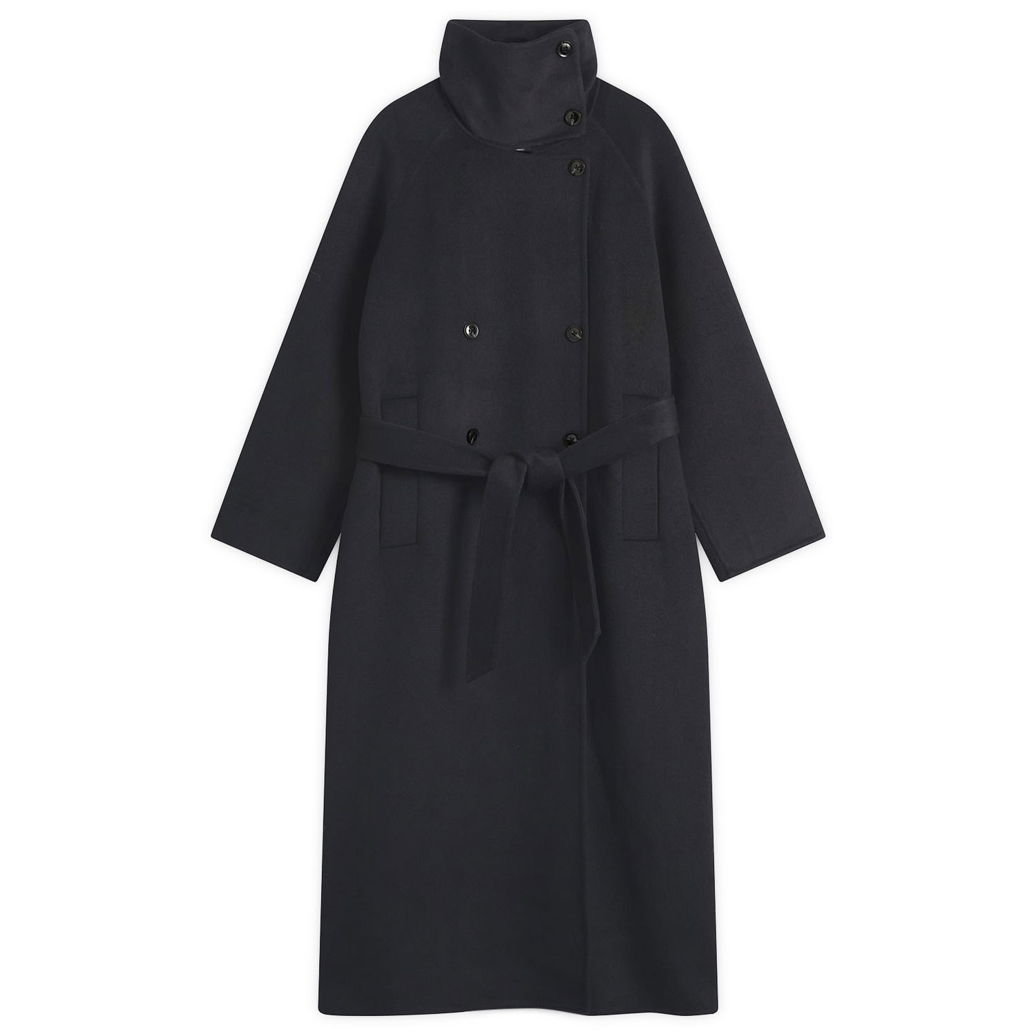 Kabáty Samsoe Samsoe Sahanne Double-Breasted Belted Long Coat with Stand Collar Čierna | F25300153-CLR000021, 0