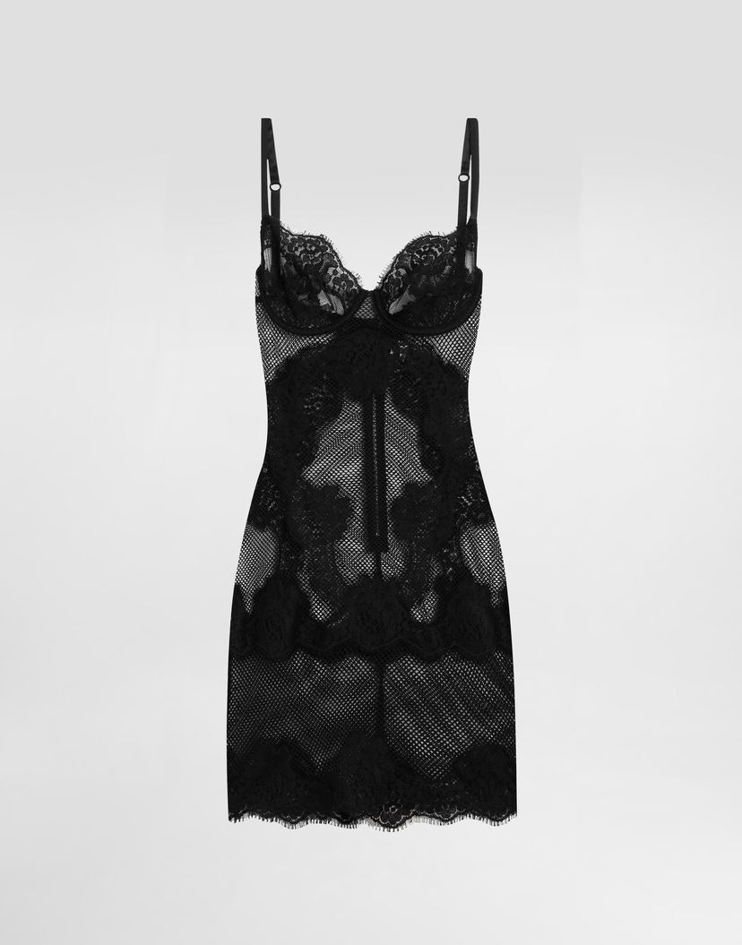 Šaty Dolce & Gabbana Dolce & Gabbana Lace-Trimmed Mesh Slip Dress Čierna | F6GAHTFLUANN0000