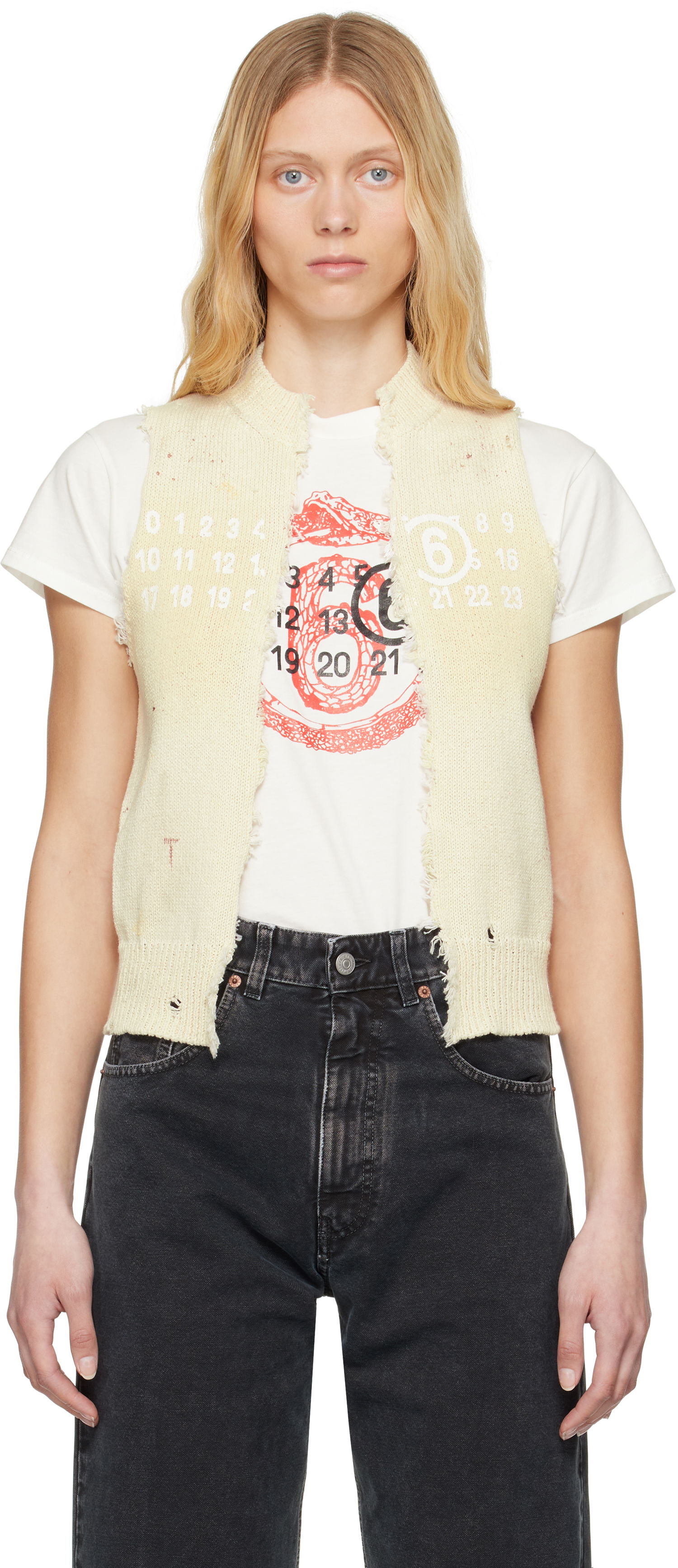 Sveter Maison Margiela MM6 Maison Margiela Open Cut Printed Vest Béžová | S62FB0075 M13123, 0
