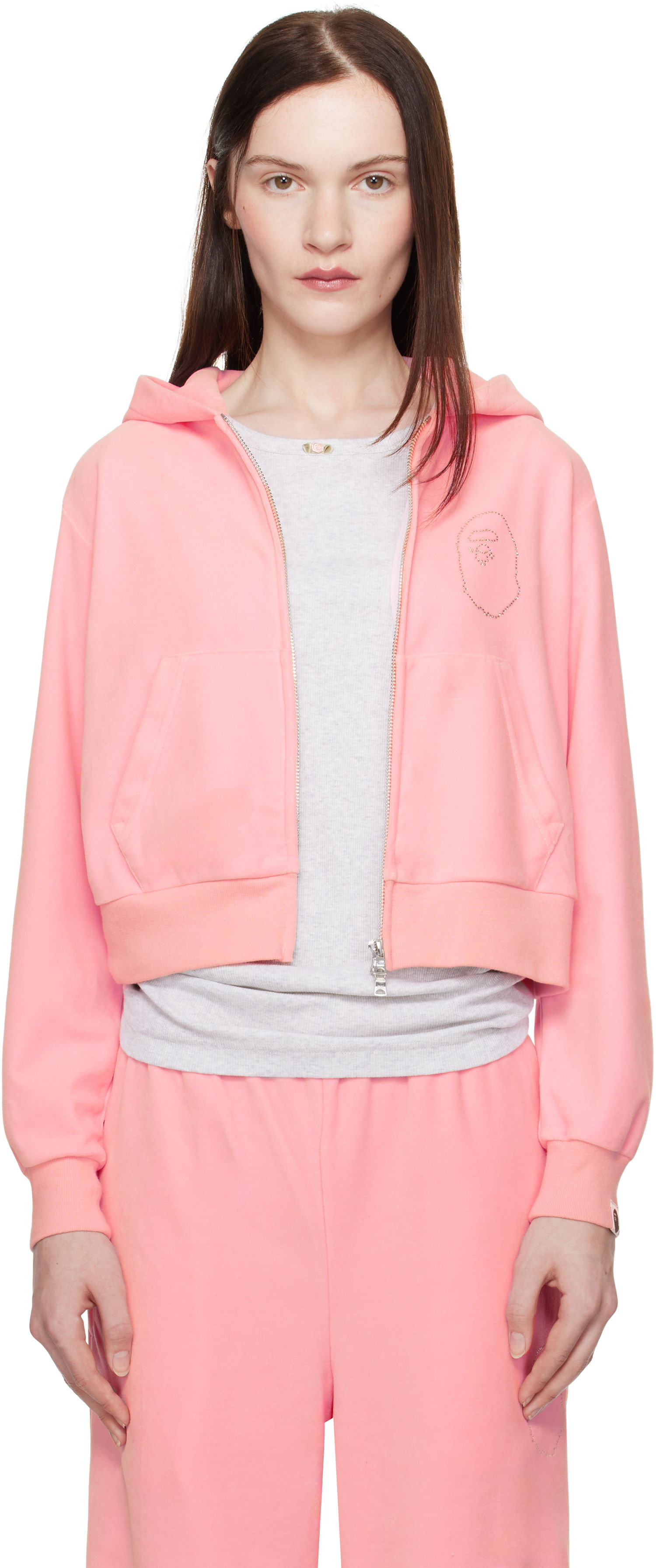 Mikina BAPE A Bathing Ape Crystal Stone Ape Head Velour Cropped Hoodie Ružová | 001ZPK802004L, 0