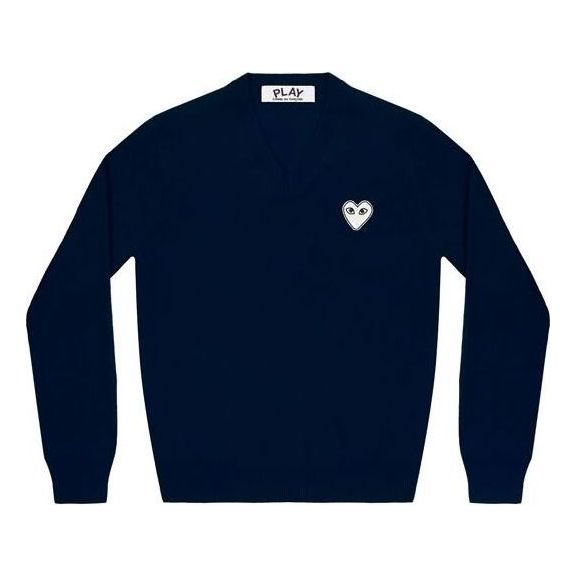 Sveter Comme des Garçons COMME des GARCONS PLAY V-Neck Pullover with White Heart Emblem Navy | AZ-N059-051-2