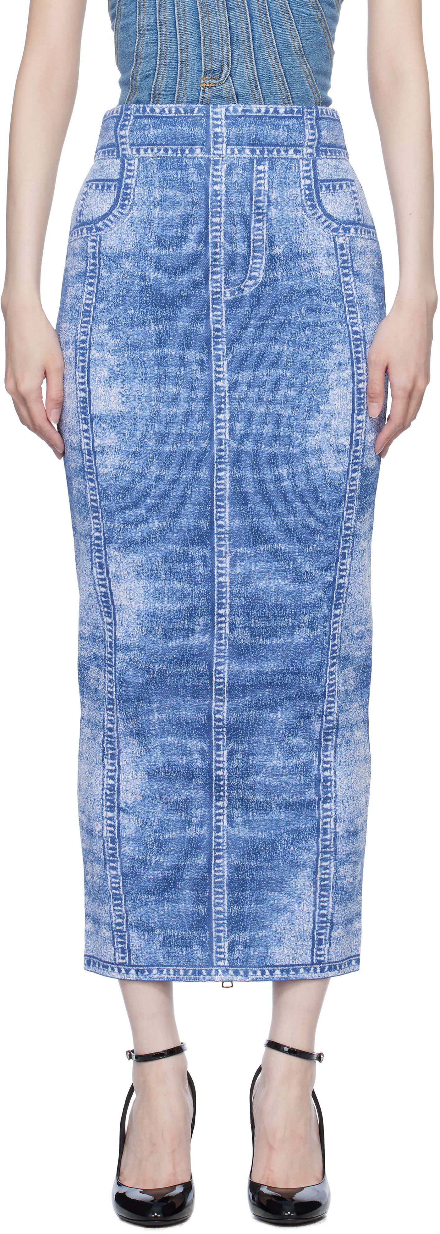 Sukňa Balmain Denim Effect Knit Midi Skirt Modrá | EF1LD475KH80, 0