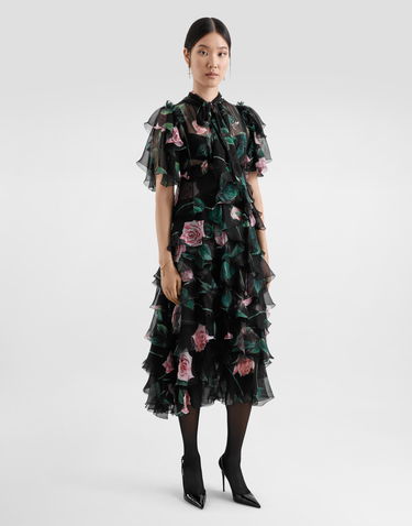 Šaty Dolce & Gabbana Dolce & Gabbana Rose Print Chiffon Calf-Length Dress with Ruffles Čierna | F6B3ITIS1XAHN5IZ, 1