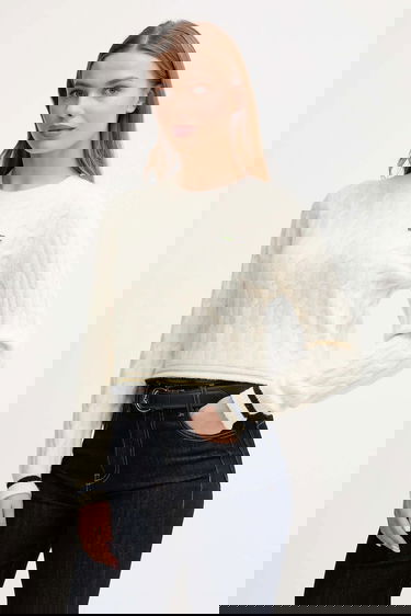 Sveter Lacoste Wool Blend Cable Knit Cropped Sweater Biela | AF4159, 0