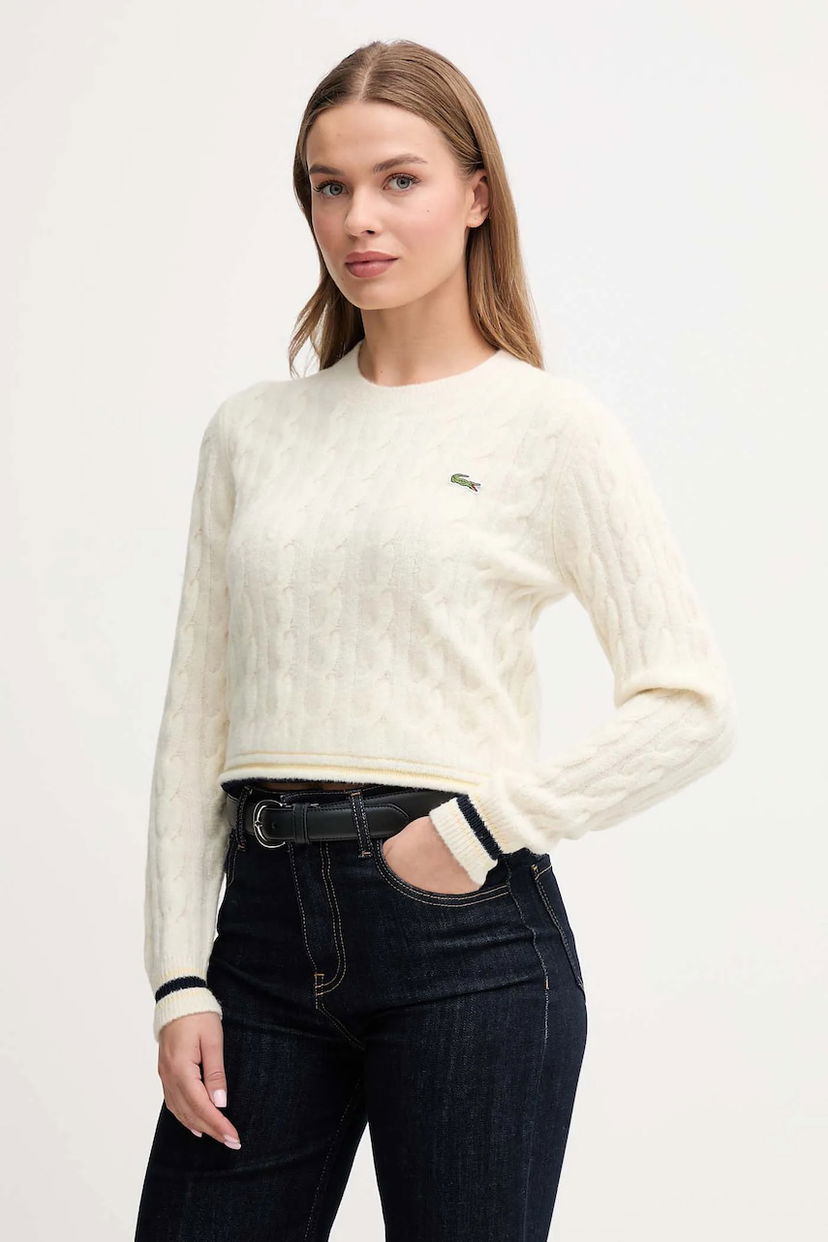 Sveter Lacoste Wool Blend Cable Knit Cropped Sweater Biela | AF4159