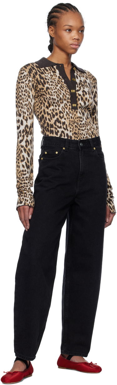 Polo tričko GANNI GANNI Leopard Knit Polo Hnedá | K2341, 4