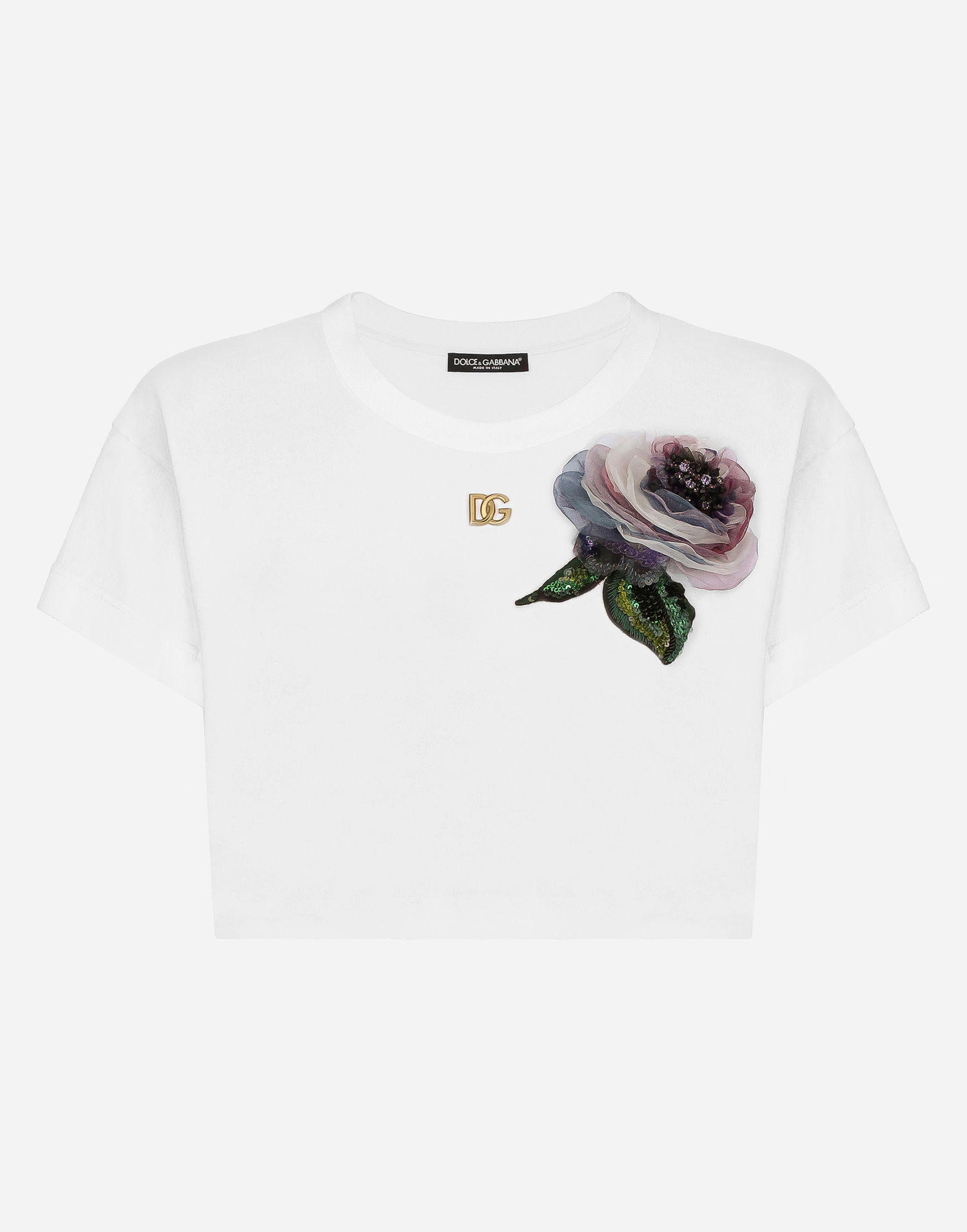 Tričko Dolce & Gabbana Cropped Jersey T-shirt With Flower Appliqué Biela | F8U99ZGDCB1W0800, 0