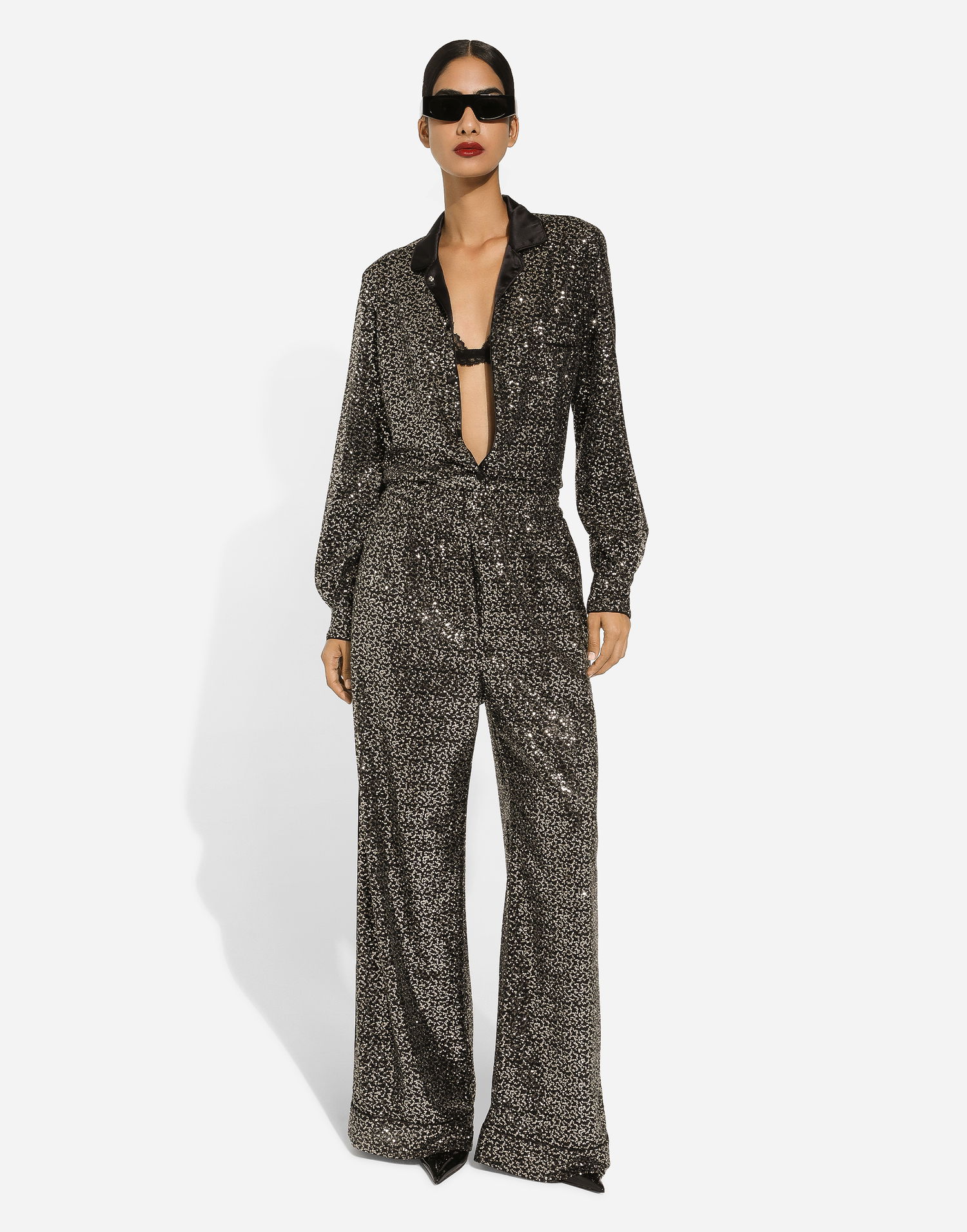 Nohavice Dolce & Gabbana Sequined Wide Leg Pajama Pants Čierna | FTAMPTFLSFGS8450, 1