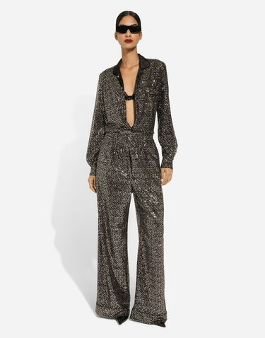 Nohavice Dolce & Gabbana Sequined Wide Leg Pajama Pants Čierna | FTAMPTFLSFGS8450, 1