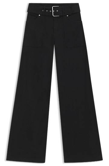 Nohavice BOSS Belted Wide-Leg Stretch-Cotton Satin Trousers Čierna | 50548143, 0