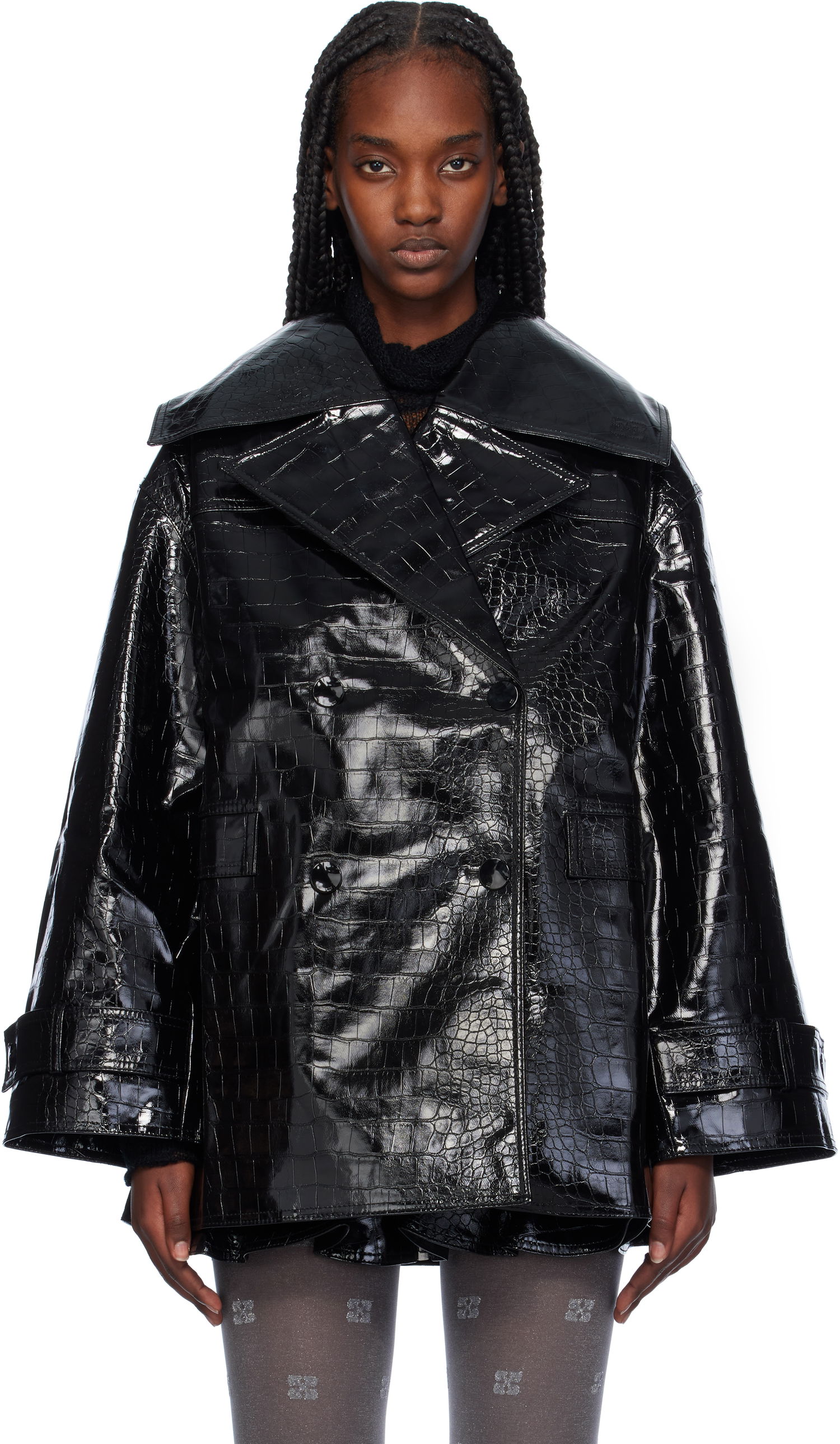 Trenčkot GANNI Croc-Embossed Faux-Leather Blazer Čierna | F9463, 0