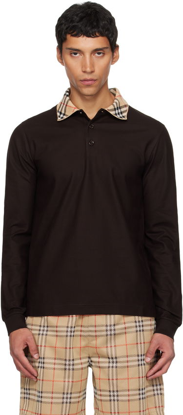 Polo tričko Burberry Burberry Long Sleeve Polo with Check Collar Hnedá | 8116012, 0