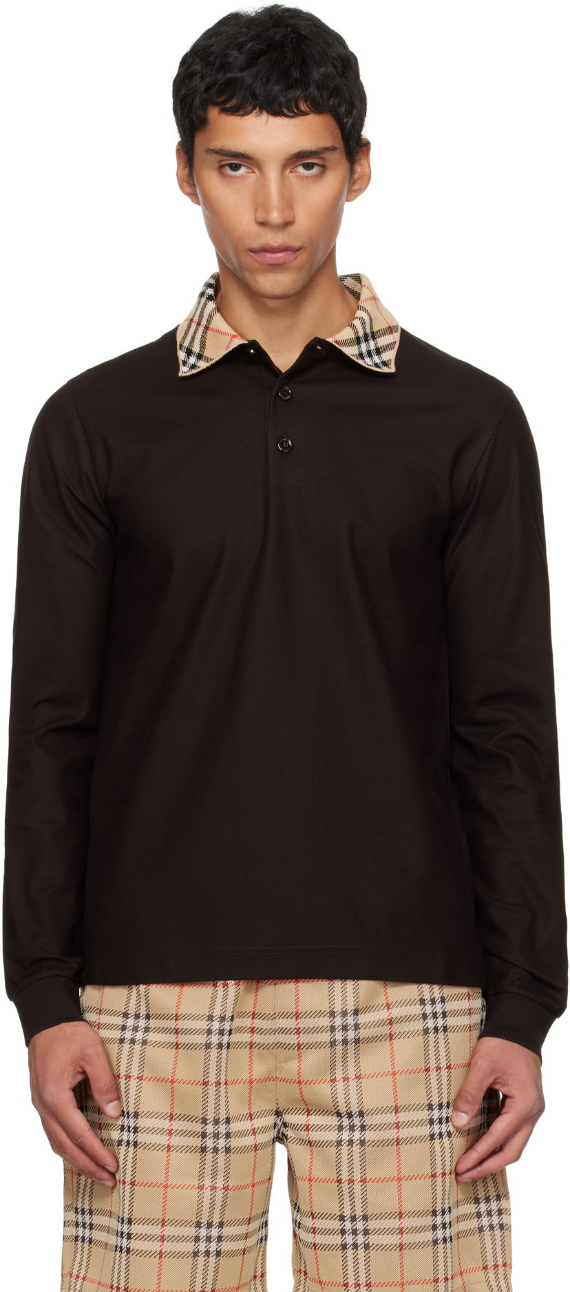 Polo tričko Burberry Burberry Long Sleeve Polo with Check Collar Hnedá | 8116012
