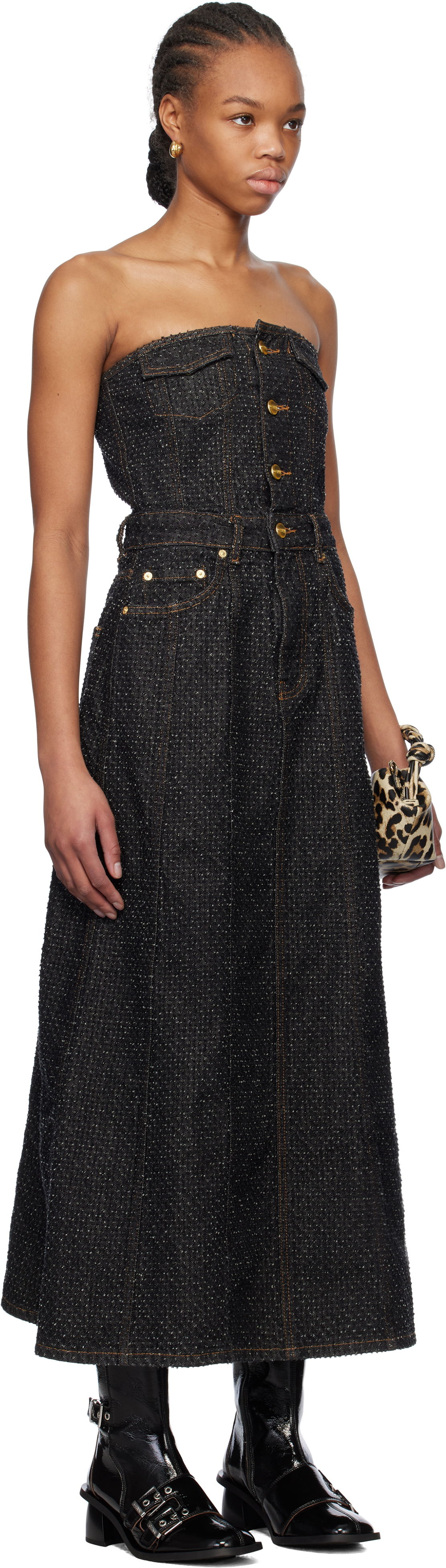 Šaty GANNI Ganni Fluffy Denim Corsage Maxi Dress Čierna | J1662, 1