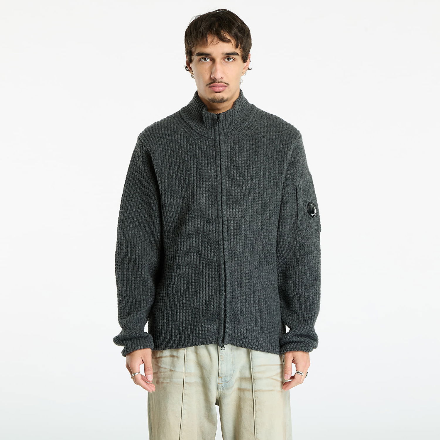 Sveter C.P. Company Lambswool Grs Full Zip Sweater Dark Shadow Grey Šedá | 19CMKN131A110149A-978, 0