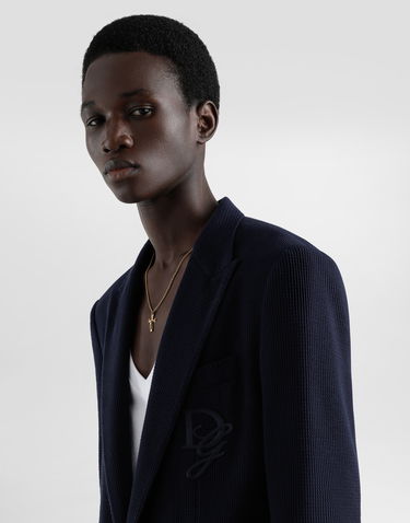 Bunda Dolce & Gabbana Single-breasted Cotton Jersey Jacket with Logo Embroidery Navy | G2TJ5ZGJ078B6712, 3