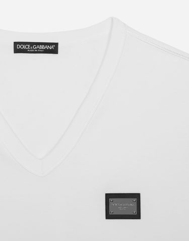 Tričko Dolce & Gabbana Cotton V-neck T-shirt With Branded Tag Biela | G8PT2TG7F2IW0800, 2