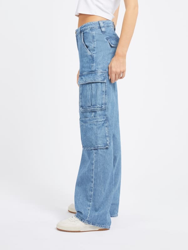 Džínsy GUESS Rise Cargo Denim Tyrkysová | W3PA97D5DR1, 0