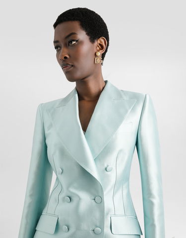 Bunda Dolce & Gabbana Dolce & Gabbana Women's Double-Breasted Shantung Silk Blazer Tyrkysová | F29QFTFU1JKB0276, 3