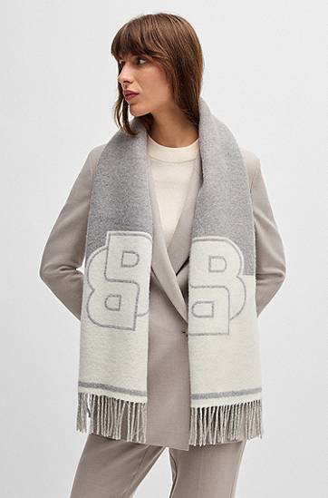 Šál BOSS Wool Blend Scarf with Double B Monogram Šedá | 50533865, 1