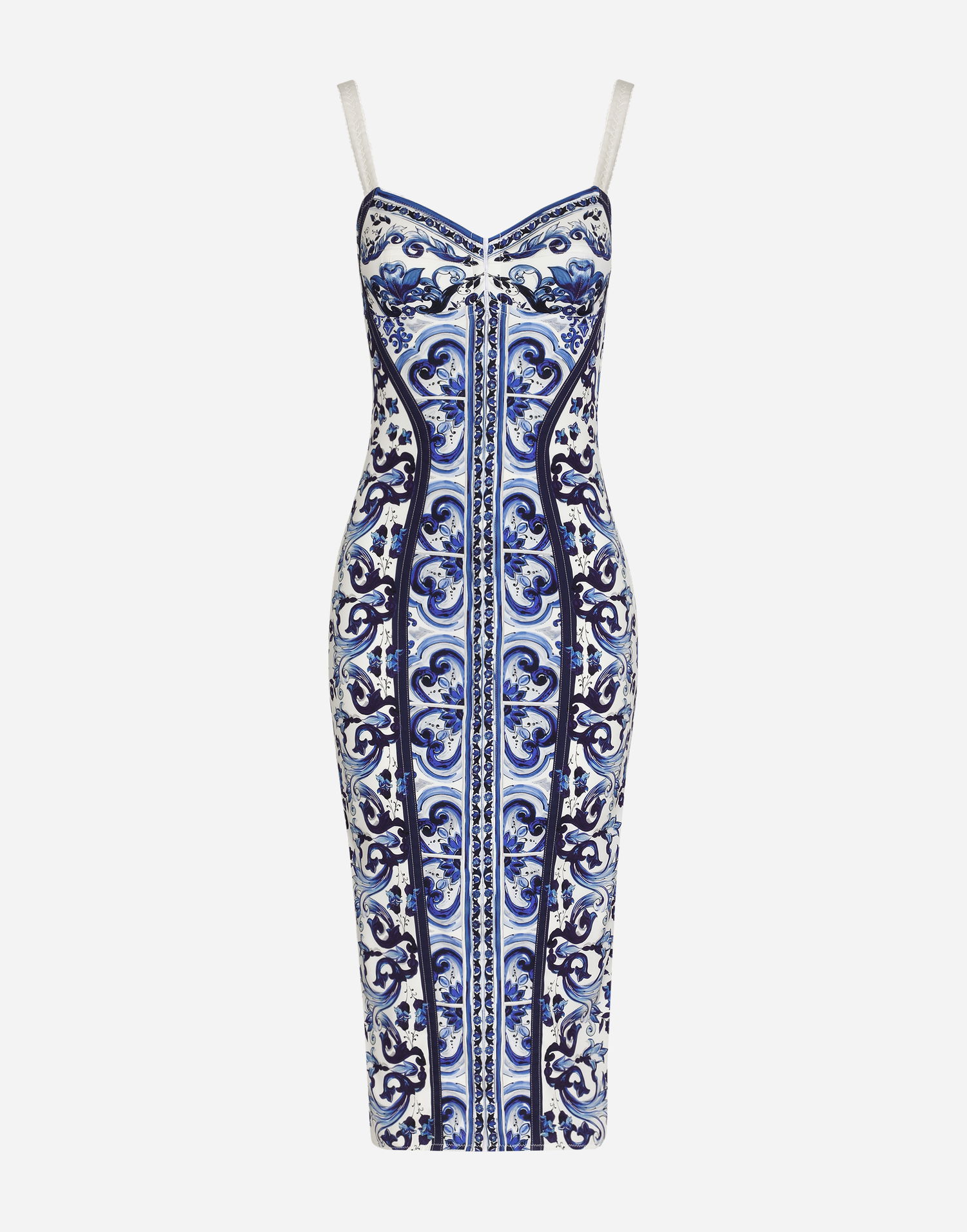 Šaty Dolce & Gabbana Dolce & Gabbana Majolica Print Charmeuse Bustier Midi Dress Modrá | F6R3OTHPABOHA3TN, 0