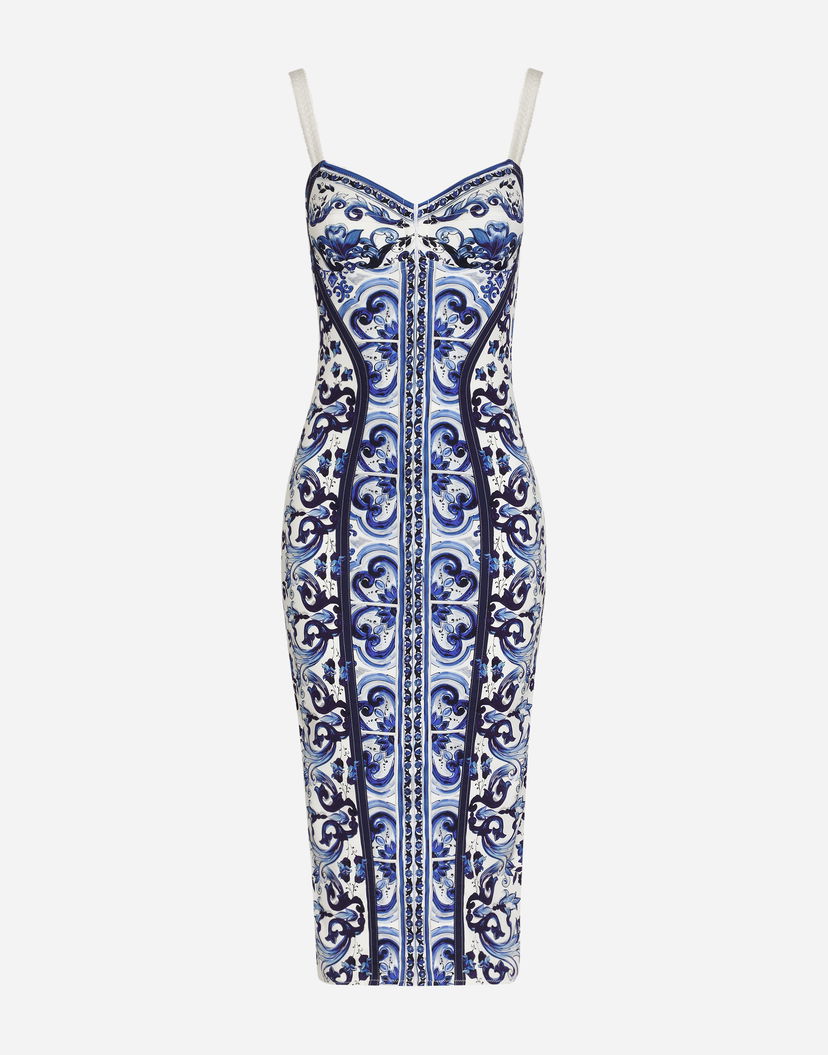 Šaty Dolce & Gabbana Dolce & Gabbana Majolica Print Charmeuse Bustier Midi Dress Modrá | F6R3OTHPABOHA3TN