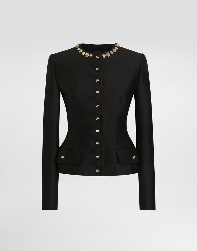 Bunda Dolce & Gabbana Dolce & Gabbana Single-Breasted Faille Jacket with Crystal Embellishment Čierna | F27BIZFU3R1N0000