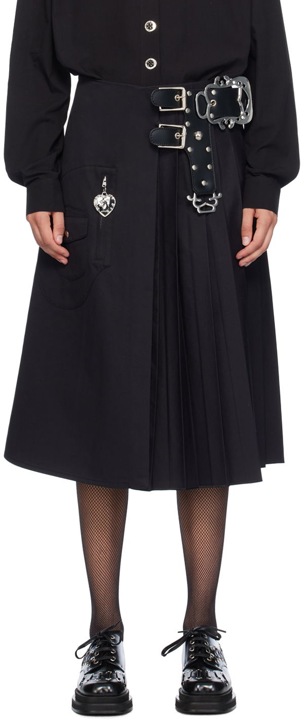 Black Midi Kilt Skirt With Belt And Pocket