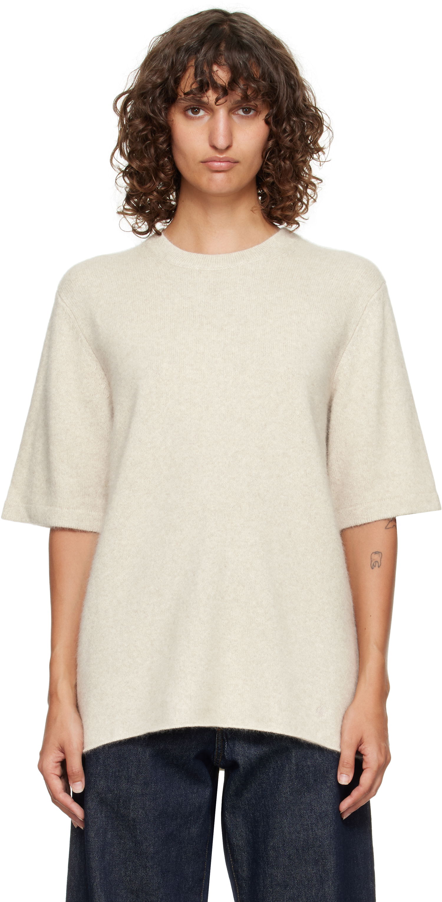 Sveter Loulou de Saison Loulou de Saison Raven Yak Blend Short Sleeve Sweater Béžová | RAVEN, 0