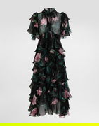Dolce & Gabbana Rose Print Chiffon Calf-Length Dress with Ruffles