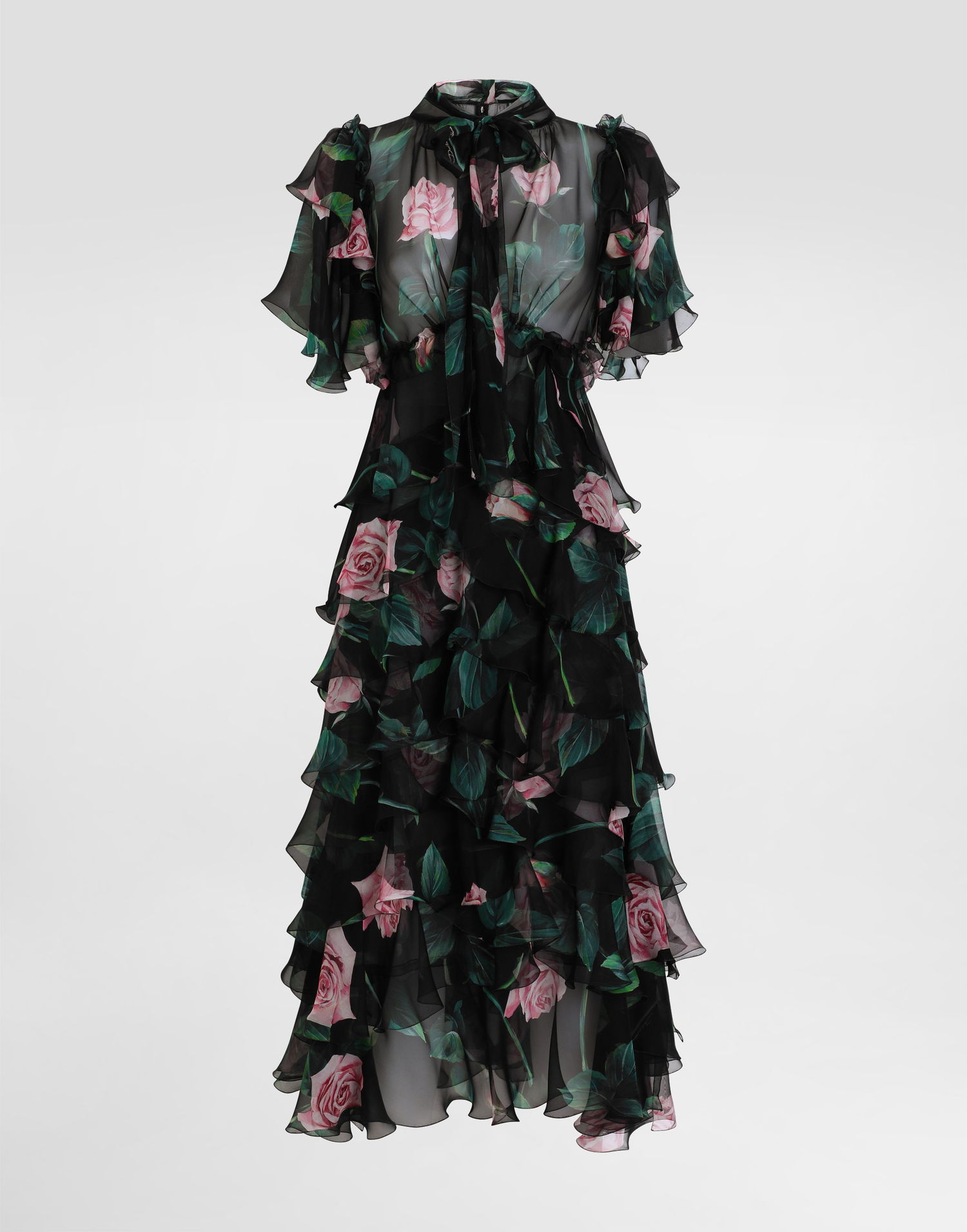 Šaty Dolce & Gabbana Dolce & Gabbana Rose Print Chiffon Calf-Length Dress with Ruffles Čierna | F6B3ITIS1XAHN5IZ, 0